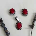 Set argint 925 – cercei + medalion, coral natural rosu, vintage, retro
