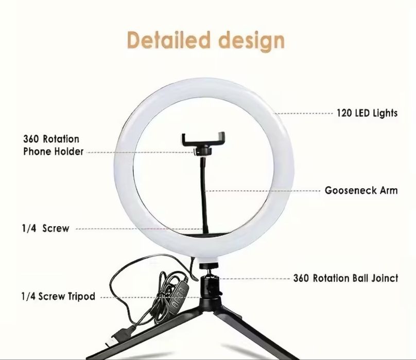 LED ринг лампа 26 см с триножник и държач за телефон