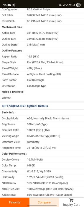 Display NE173QHM-NY3 pentru laptop de 17,3'