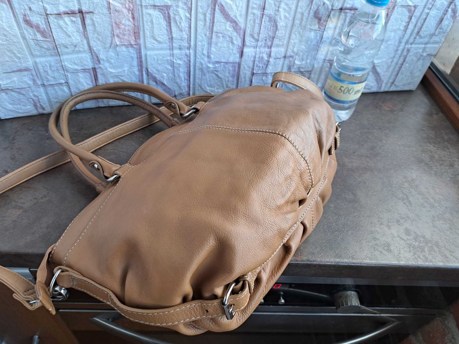 дамска чанта,L.CREDI,бежова кожена торба-естествена кожа