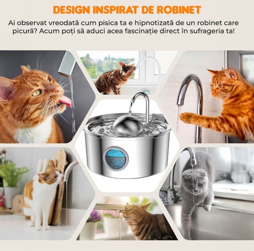 [IMPECABIL] Fantana apa pisici inox 3.2L Dispenser Filtru Silentios