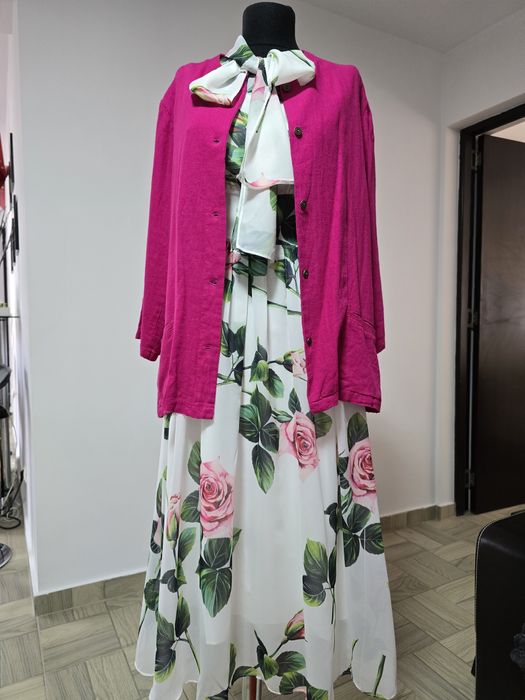 Sacou fucsia din fibre naturale, cu maneci 3/4, buzunare laterale