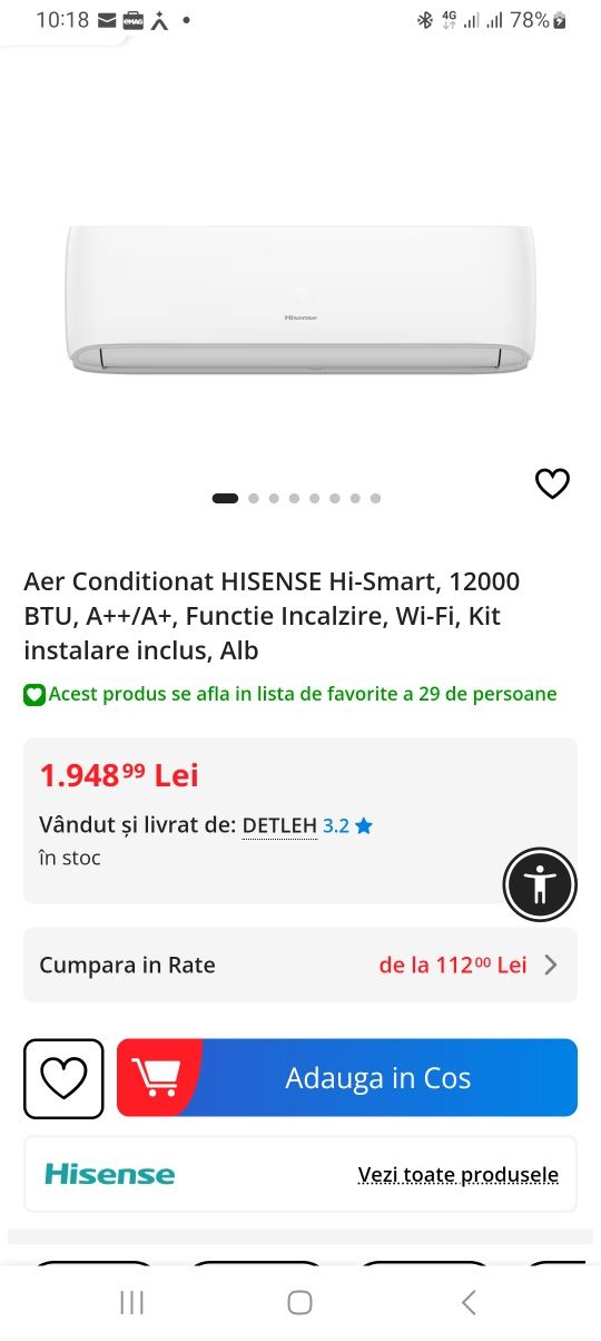 A.C. Hisense Hi-Smart 12000Btu +kit inclus WiFi Nou Garantie 2 Ani