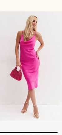 Сатенена, с гръцко деколте цикламена/ дълбоко розово дамска рокля