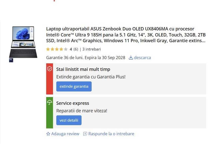 Laptop Asus ZenBook Duo 32GB Ultra 9 SSD 2TB GARANTIE