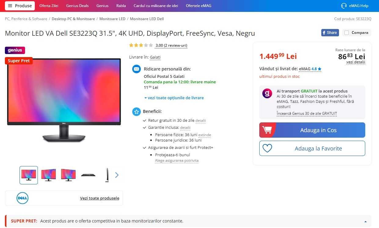 monitor de 32, Dell,4k,Ultra HD,82 cm, nou in cutie cu garantie 2 ani