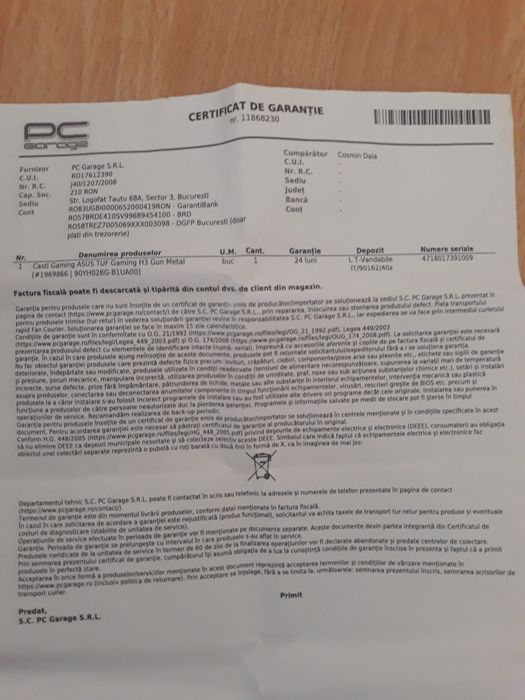 Vând căști Asus Tuf Gaming H3