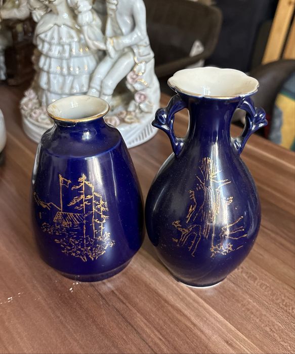 Set 2 vaze porțelan cobalt cu detalii aurii