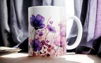 Cana personalizata, Purple Flowers, Ceramica, Alb, 350 ml