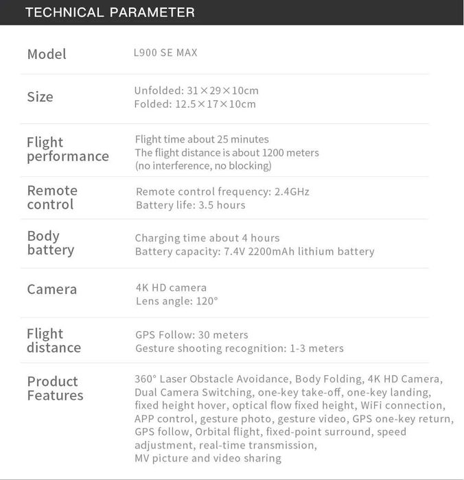 Квадрокоптер L900 SE MAX 4K, лазерен сензор, 3 батерии + кейс
