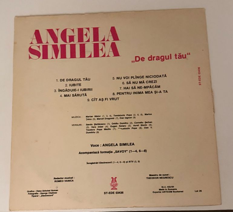 Vinil Angela Similea - De Dragul Tău (1988) - Ediție Electrecord