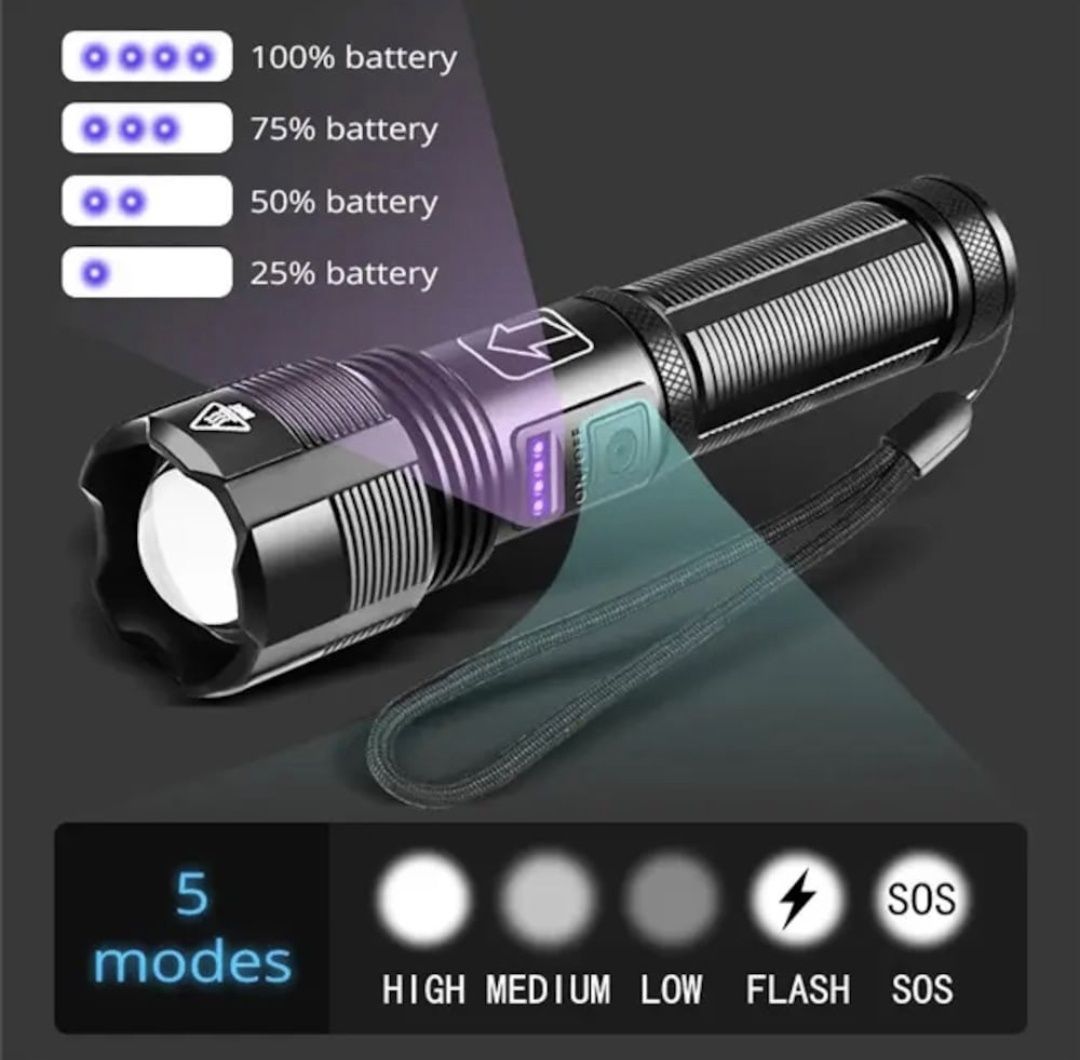 Фенер LED тип XHP50, Алуминий, Включена батерия,