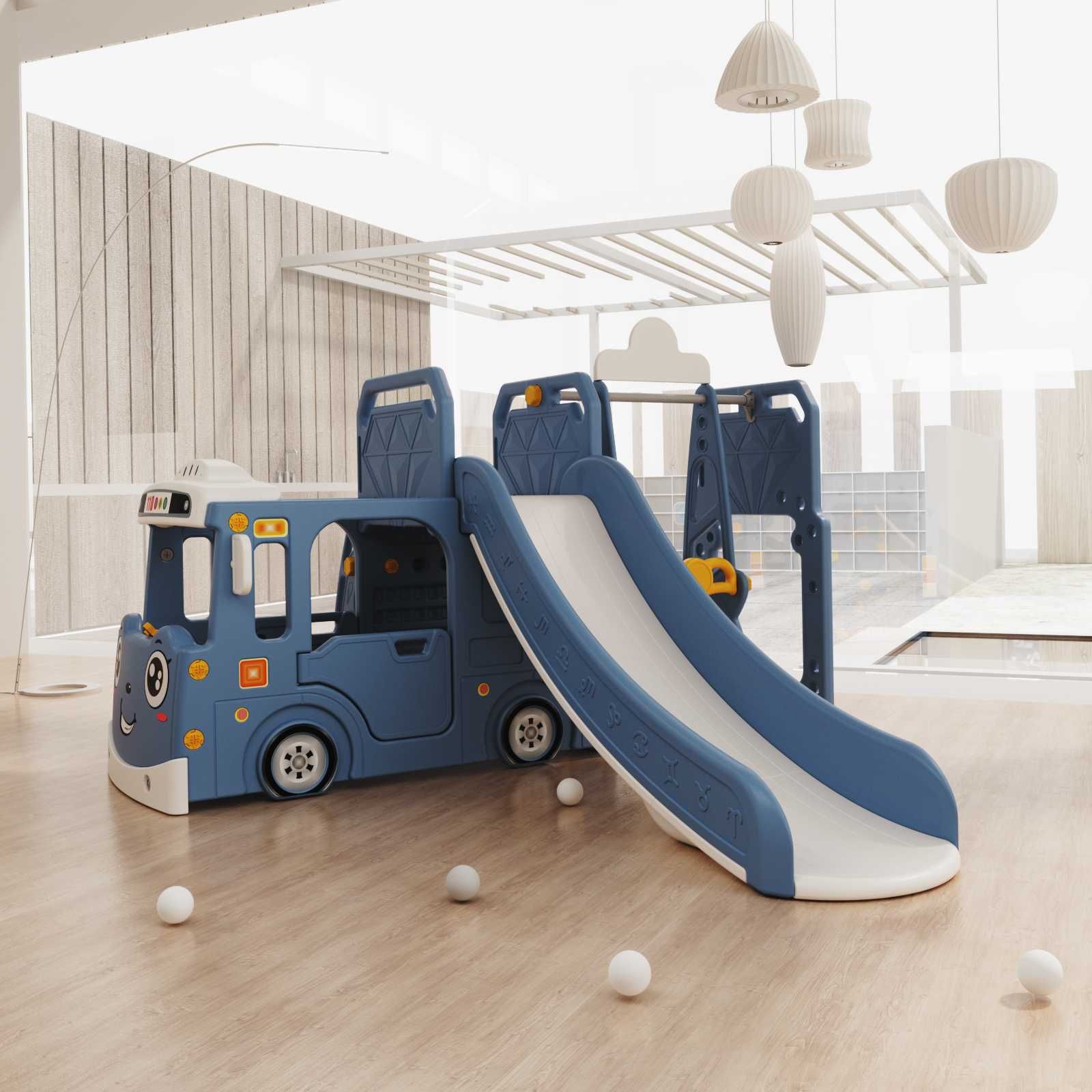 Ansamblu de joaca Kinderplay BUS, 4 in 1 cu tobogan, Blue