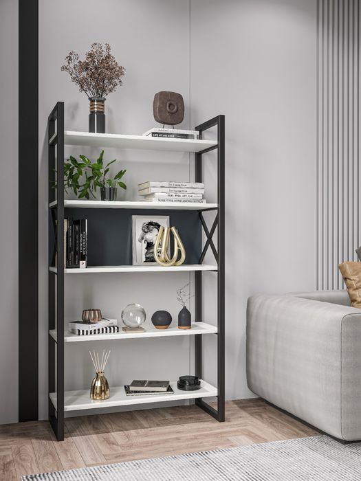 Raft metalic modern cu 4 polițe – negru și alb