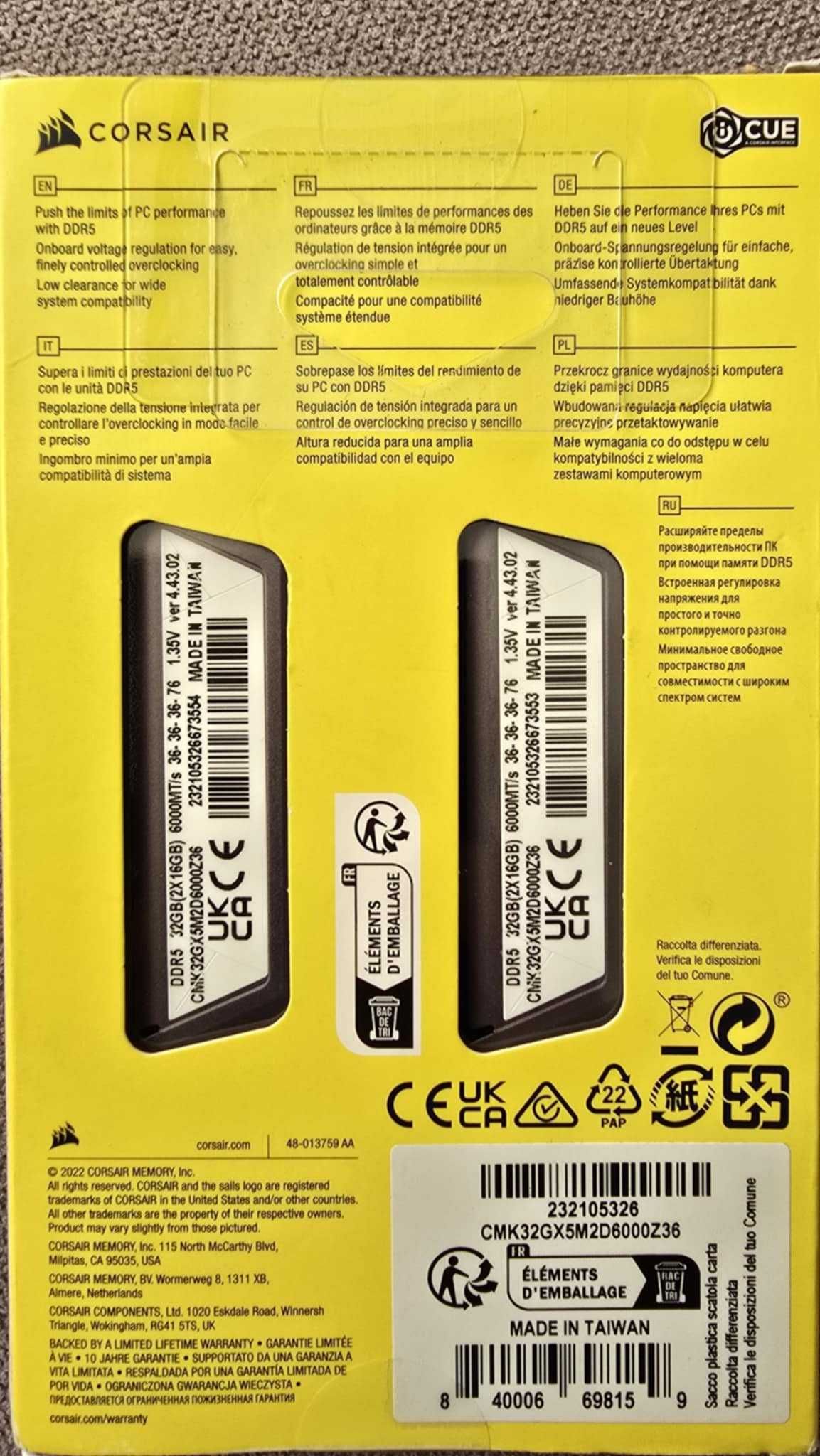 Рам памет Corsair VENGEANCE RGB 32GB (2x16GB) DDR5 6000MHz