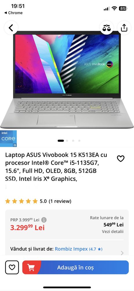 Laptop ASUS Vivobook 15 K513EA cu procesor Intel® Core™ i5-1135G7