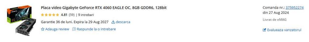 Placa video Gigabyte GeForce RTX 4060 EAGLE OC, 8GB GDDR6, 128bit