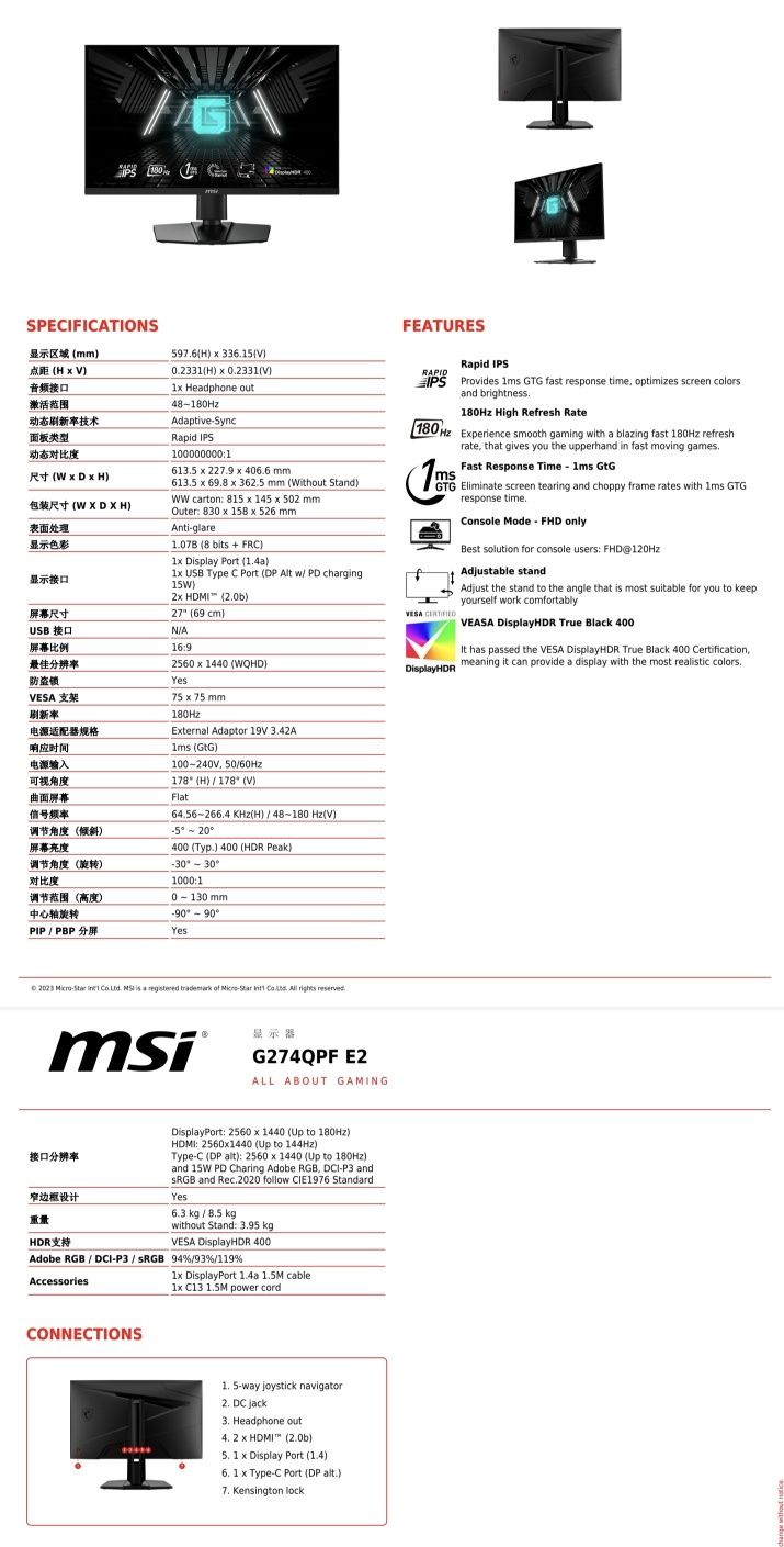 Продается мониторы MSI G274QPF E2 , 2k , 180Hz , есть черный и белый