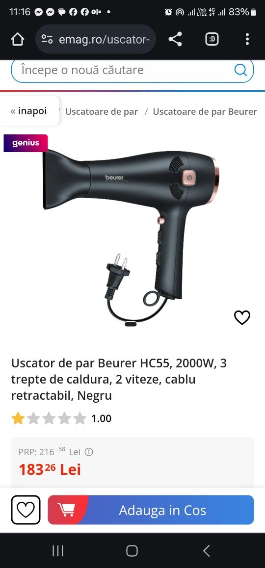 Uscator de par Beurer HC55, 2000W, 3 trepte de caldura, 2 viteze, cabl