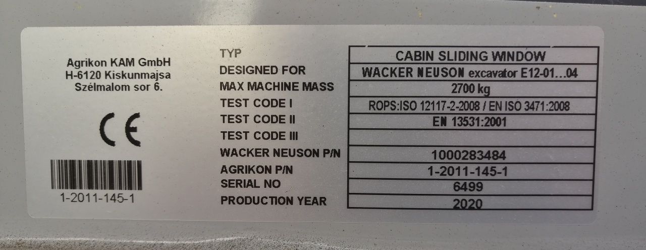 Cabina operator pentru mini excavator marca Wacker Neuson, seria ET