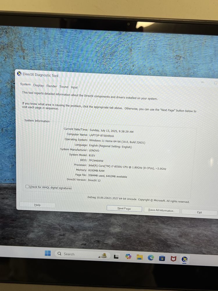 Лаптоп Lenovo 15.6"Core i7 8gb 256 SSD