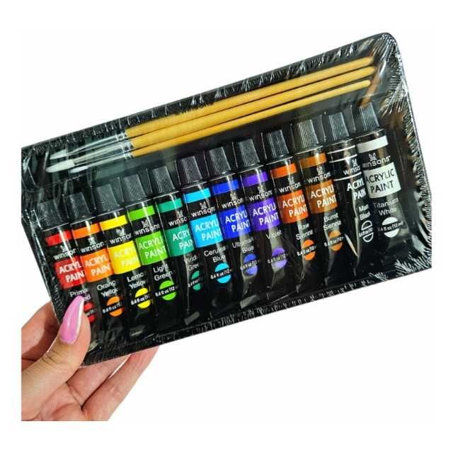 Set acuarele acrilice Premium KOMAZI®, 12 culori x 12 ml + 3 Pensule