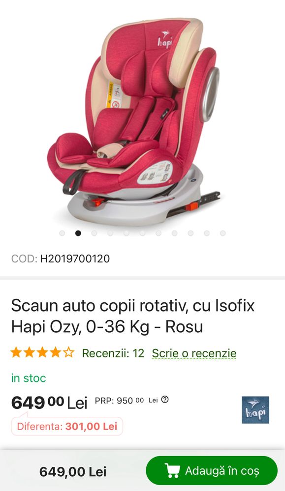 Scaun auto copii rotativ, cu Isofix Hapi Ozy, 0-36 Kg - Roz