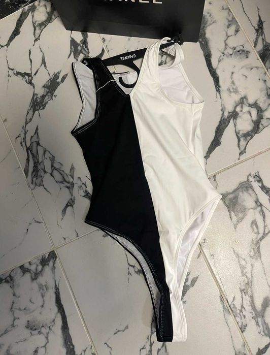 цял бански шанел черен бял боди лукс топ chanel