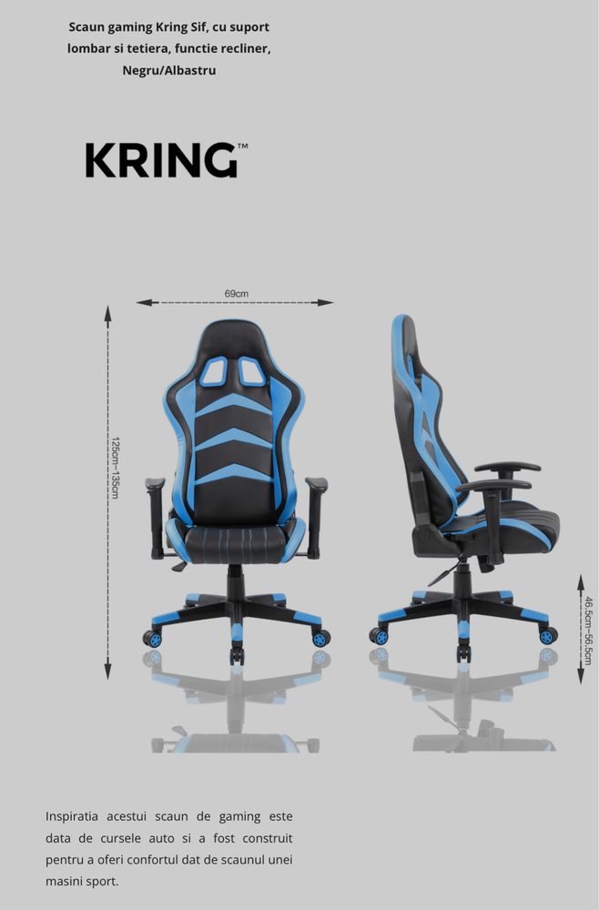 Scaun Gaming Kring Sif, cu suport lonbar si tetiera, functie recliner