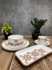 Белый чайно-столовый сервиз с карамельным орнаментом Vassila