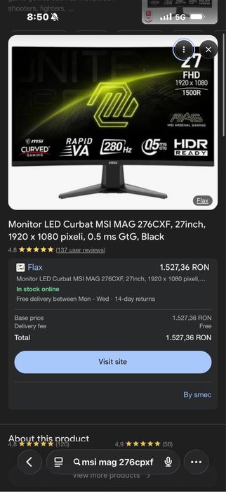Monitor msi mag 276cpxf 280hz 0.5 response rate 27” curbat