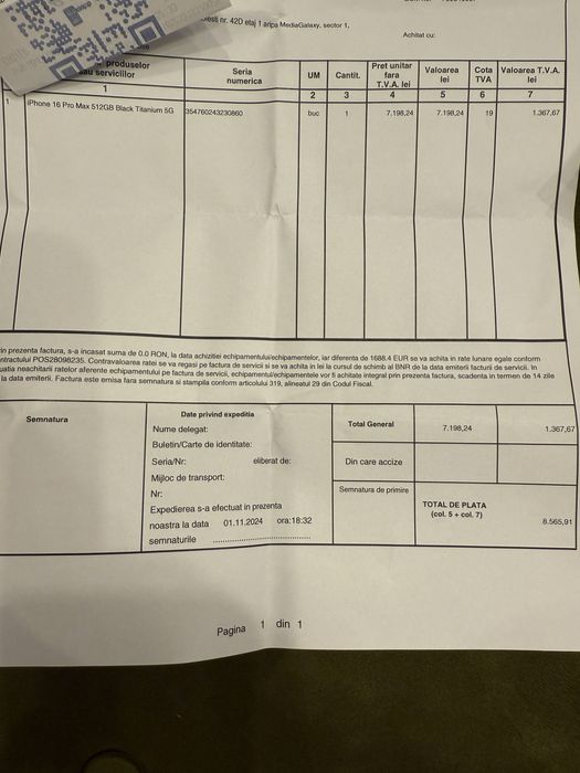 iPhone 16 Pro Max 512 gb ca nou, de la Vodafone, 11.2024, factura
