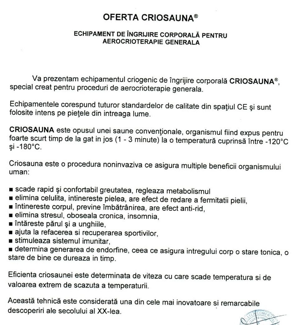 Criosauna - echipament de îngrijire corporală pentru aerocrioterapie
