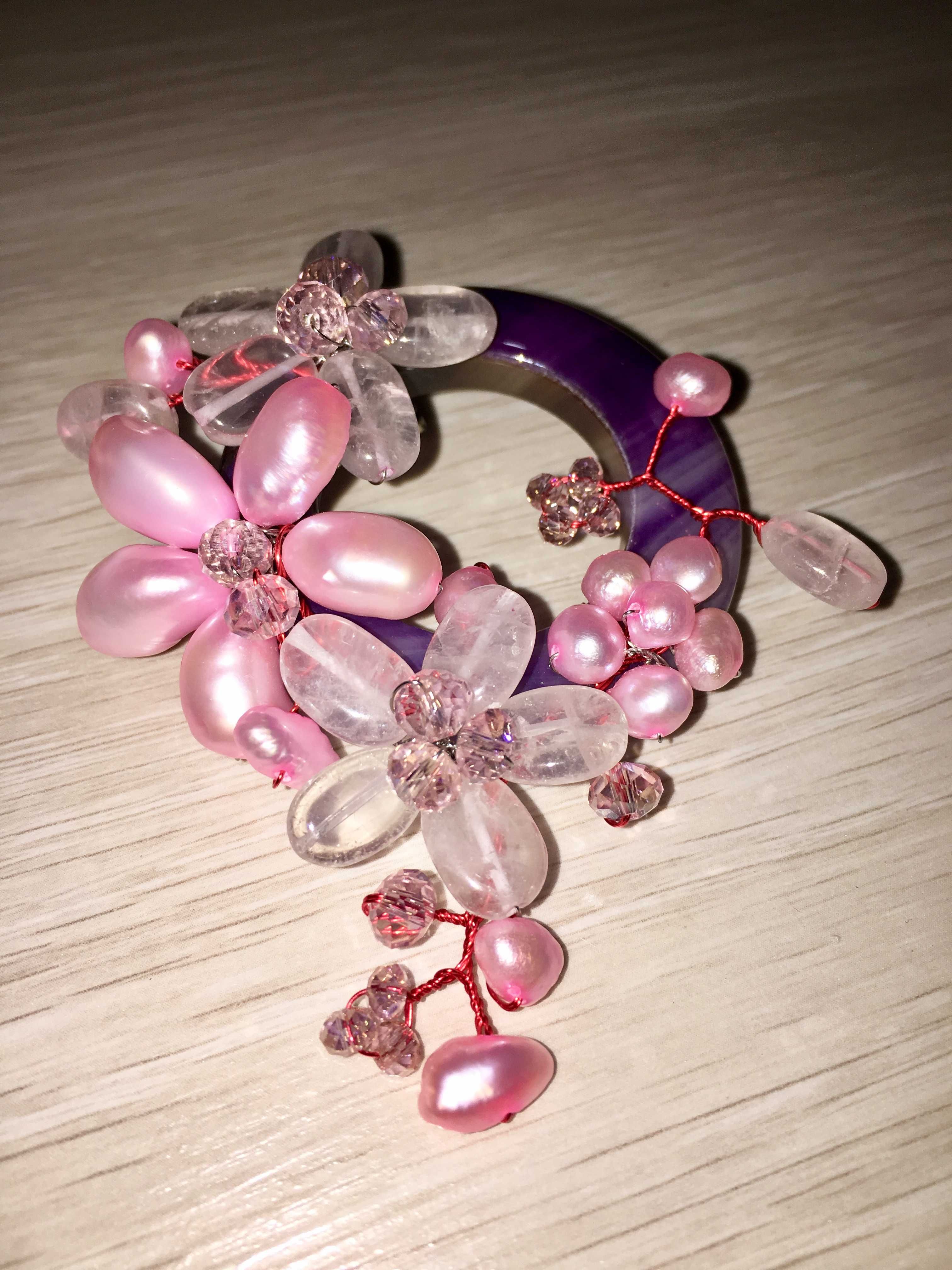 Brosa handmade cuart roz, agat, perle