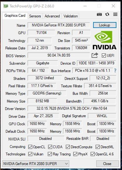 Gigabyte Rtx 2080 Super 8Gb 256Bit GDDR6