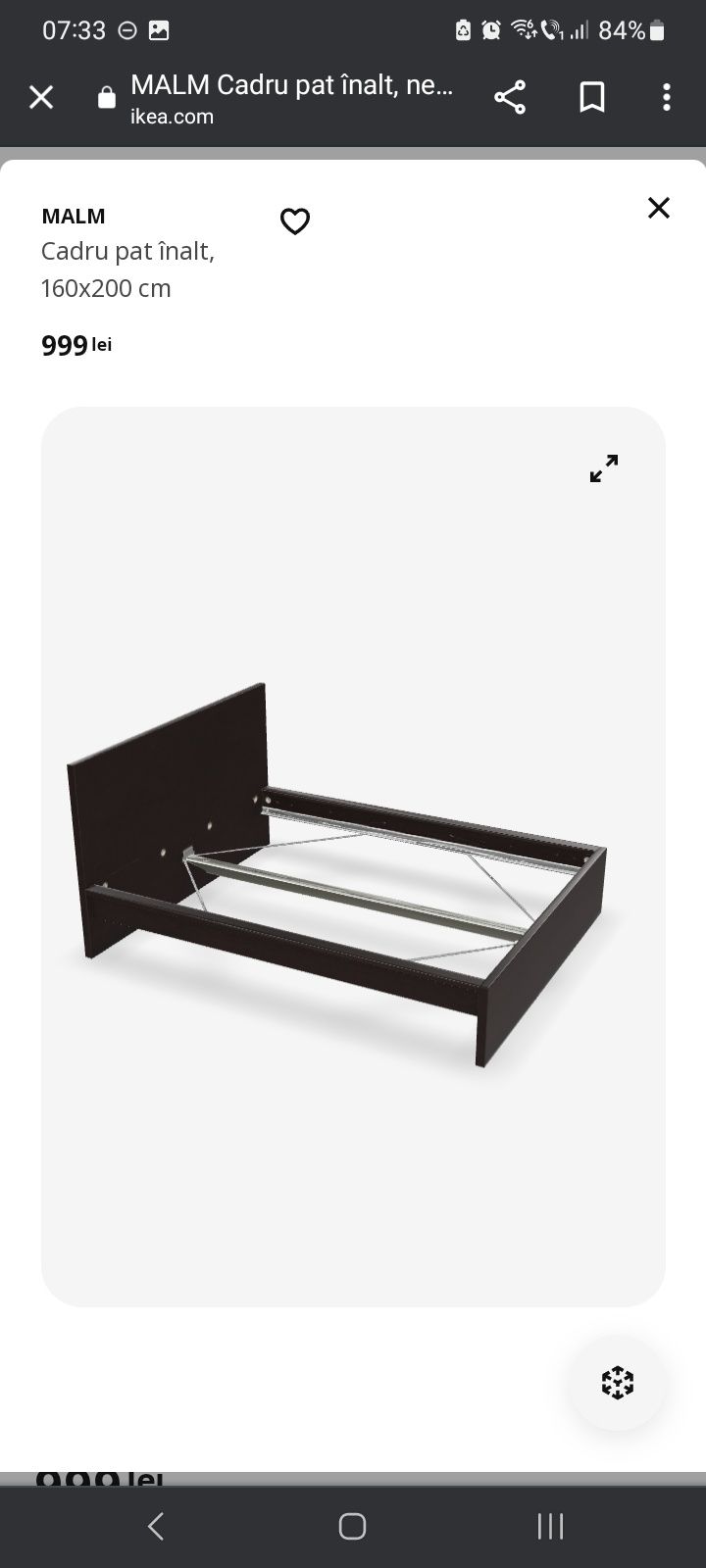 Pat matrimonial Ikea Malm negru 1600x2000 cu somiera inclusa