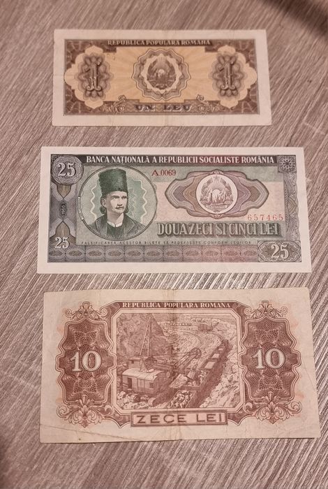 Lot de 3 bancnote vechi romanesti 1 leu 1952,10 lei 1952,25 lei 1966