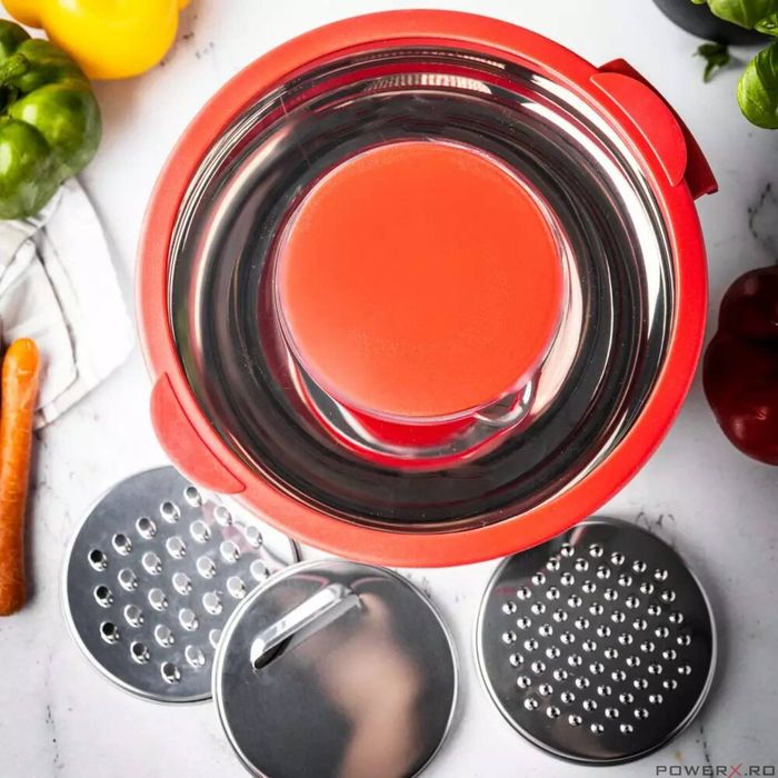 Bol inox, cu razatoare incorporata in capac, rosu, capacitate 5l,