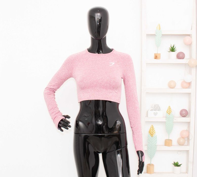 Gymshark дамски кроп топ къс розов меланж дълъг ръкав за фитнес S