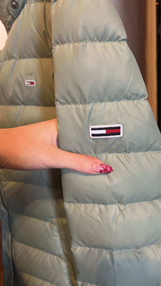 geaca dama cu gluga, pufoasa, verde menta, Tommy Hilfiger