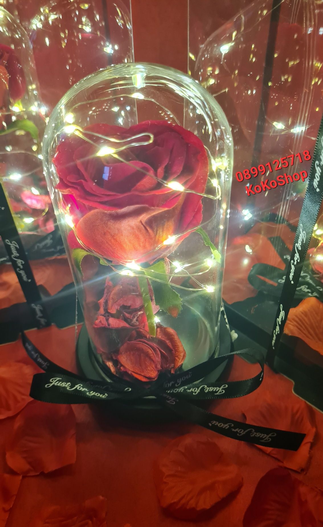 Вечна роза в стъкленица с LED светлини/Роза в луксозна кутия