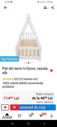 Pat din lemn U-Grow, casuta, alb