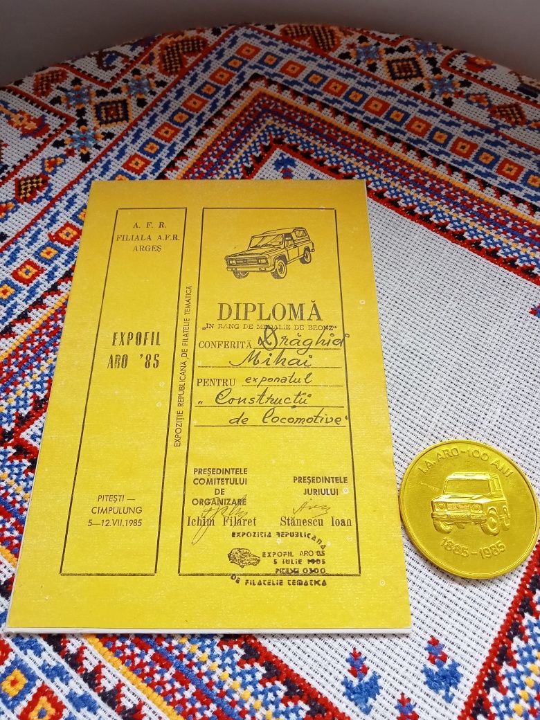 Diploma și placheta ARO,Expofil Aro 1985,vechi de colecție ,Comunism