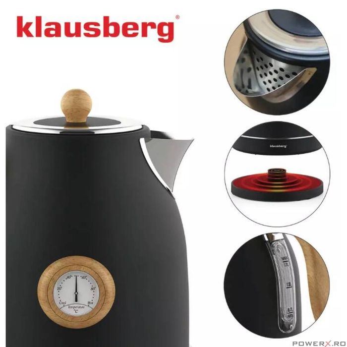 Ceainic, fierbator electric cu termometru, otel inoxidabil, negru cu