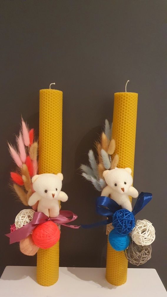 Lumânare din ceară naturală de albine, tip fagure, decor botez