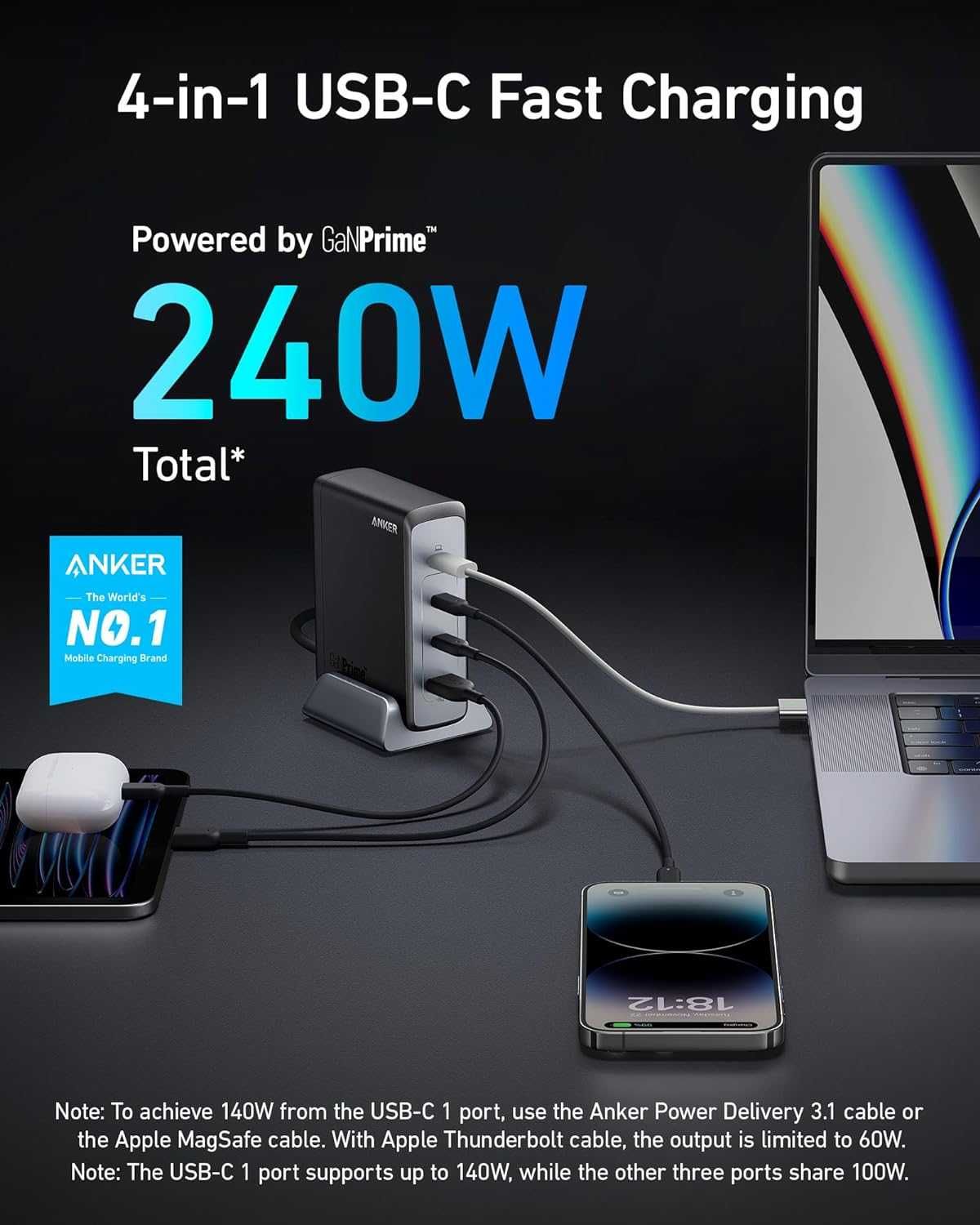 Anker USB-C Prime GaN зарядна станция,240W обща мощност