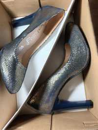 Pantofi stiletto argintiu-albastru, piele naturală,  36