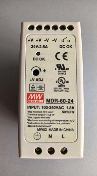 Импулсно захранване за DIN шина MDR-60-24, 24VDC, 2.5A, 60W, MEAN WELL