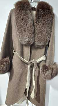Palton dama din lana alpaca, original, si blana naturala vulpe