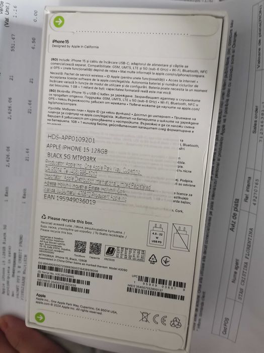 IPhone 15 Black 128 GB Sigilat, cu garanție și factura 2 ani